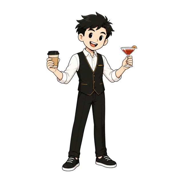 TIMI character holding coffee and a cocktail